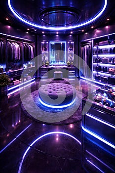 Futuristic Neon Walk-In Closet with Tufted Ottoman, Handbags and Vanity Mirror