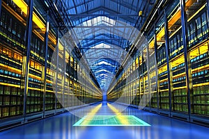 A futuristic warehouse features cutting-edge digital light and futuristic technology