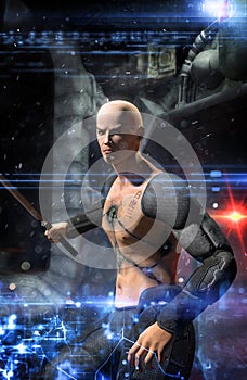 Futuristic warrior cyberpunk hitman photo