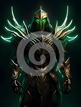 futuristic warrior in green armor with dark background
