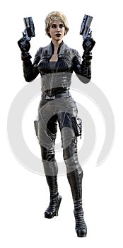 Futuristic Warrior with guns, young woman in a black uniform, 3d illustration