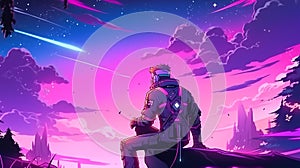 Futuristic warrior sitting on a cliff under a neon sky, looking at shooting stars and distant mountains
