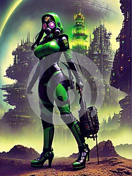 futuristic warrior woman in a green uniform, generative ai illustration