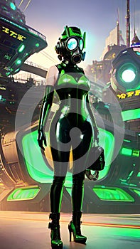 futuristic warrior woman in a green uniform, generative ai illustration