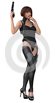 Futuristic warrior woman with gun, 3d illustration