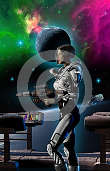 Futuristic warrior woman with gun in space, inside a spaceship, 3d rendering