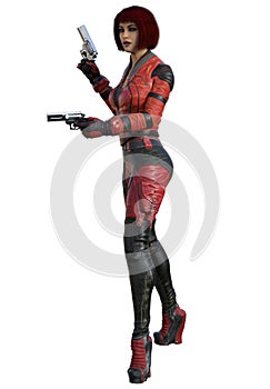 Futuristic Warrior woman in a red uniform with gun, 3d illustration