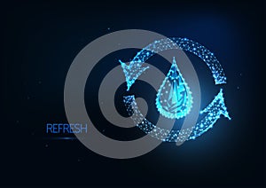 Futuristic water recycling, refresh concept with glowing low polygonal water drop and recycle symbol