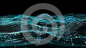 Futuristic Wave Background, Abstract Tech Data Flow Visualization. Cyan Waveform With Glowing Dots. Technology, Data, Network