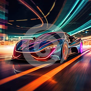 Futuristic wave car. Sport car with neon backlight contours. AI Generation