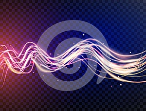 Futuristic waves in speed motion. Blue and violet wavy dynamic lines with sparkles on transparent background. Magic photo