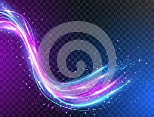 Futuristic waves in speed motion. Neon glowing curves strewn with sparks in dark space. Glowing swirl trail. Light