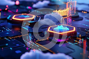 A futuristic weather forecasting center where AI predicts climate patterns using glowing hexagonal