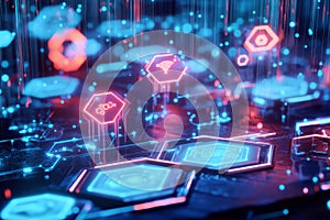 A futuristic weather forecasting center where AI predicts climate patterns using glowing hexagonal