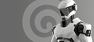 Futuristic white ai humanoid robot portrait with copy space, technology and innovation concept