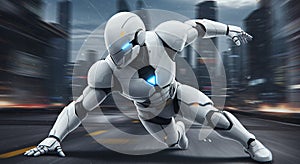 White Superhero in Futuristic Armor Standing in Power Pose photo