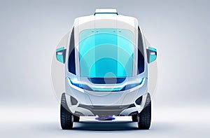 Futuristic white and blue car with Tire sitting on white surface