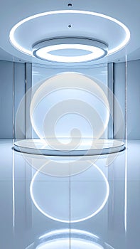 Futuristic White Circular Platform with Reflective Floor in Studio