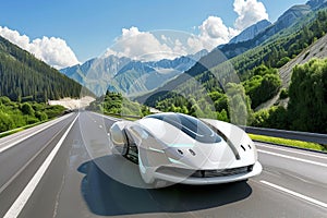 Futuristic white concept car on mountain road, sleek, aerodynamic design