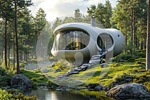 A house in the middle of a forest next to a body of water