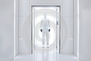 futuristic white elevator doors opening to a whitesuited greeter