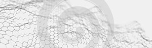 Futuristic white hexagon background. Futuristic honeycomb concept. Wave of particles. 3D rendering