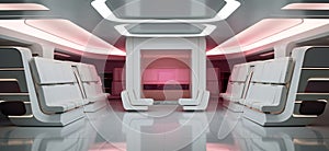 Futuristic white and pink corridor hall with modern technology, AI Generated