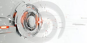 Futuristic white and red digital interface with circular HUD elements and intricate geometric patterns