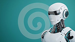 Futuristic White Robot Artificial Intelligence Cyborg Technology Concept Teal Background AI generated.
