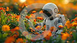 Futuristic white robot in garden AI Generated