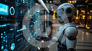 Futuristic White Robot Interacting with Complex Data Display