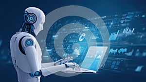 robot analyzing data on laptop