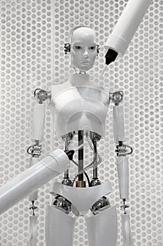 Futuristic white robot woman being made by the machines