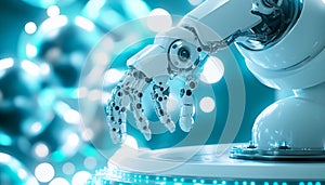 Futuristic white robotic arm in advanced technology display. concept of artificial intelligence, robotics innovation