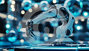 Futuristic white robotic arm in advanced technology display. concept of artificial intelligence, robotics innovation