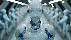 Futuristic White Robots in a Modern Corridor