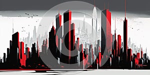 Futuristic wide scale dramatic cityscape with minimalist skyscrapers. Overcast, shadow, dark black sky