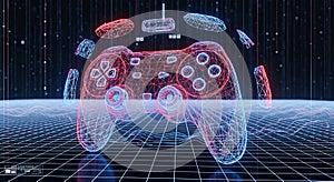Futuristic Wireframe Game Controller on Digital Grid