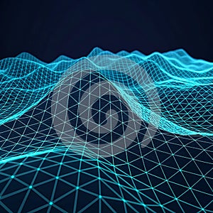 Futuristic-wireframe terrain showing digital-data-visualization and mesh-surface-modeling.