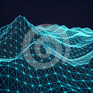 Futuristic-wireframe terrain showing digital-data-visualization and mesh-surface-modeling.