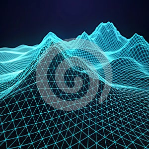 Futuristic-wireframe terrain showing digital-data-visualization and mesh-surface-modeling.