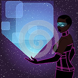 Futuristic woman with a blue holographic display