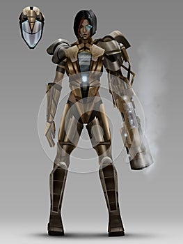 Futuristic woman soldier in cyber armor suit.