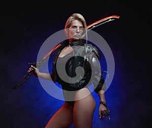 Futuristic woman with cybernetic hand and sword in dark background
