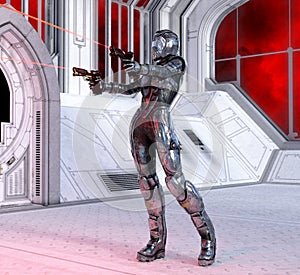 Futuristic woman with guns in the space base, 3d render