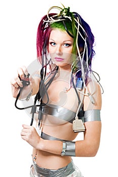 futuristic woman hold electric plug