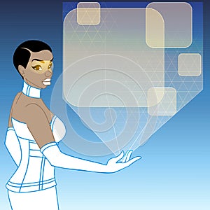 Futuristic woman with a orange holographic display