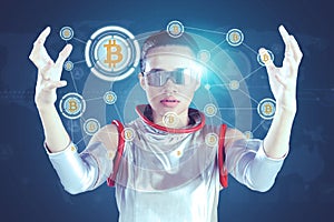 Futuristic woman showing bitcoin network