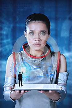 Futuristic woman showing a successful businessman