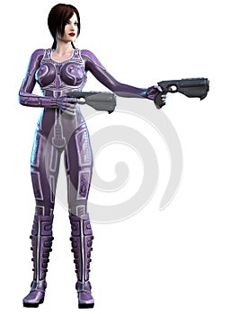 Futuristic woman soldier armed with guns, 3d rendering